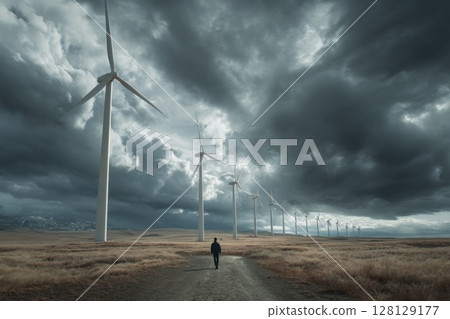 A solitary figure walks along a dirt path through a wind farm under dramatic storm clouds. White wind turbines rise across the dry field, contrasting human presence with vast renewable infrastructure. 128129177