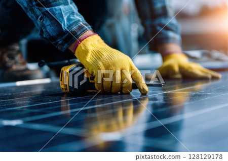 Close-up of a person in yellow gloves and plaid shirt using a power drill on a solar panel. The drill bit connects with the surface, illustrating hands-on installation work in clean energy systems. 128129178
