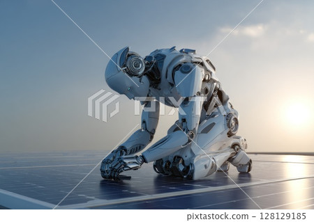 A sleek humanoid robot with mechanical limbs kneels on a large solar panel array, appearing to conduct maintenance. The vibrant sunlight and clear sky enhance the futuristic mood of clean energy and A 128129185