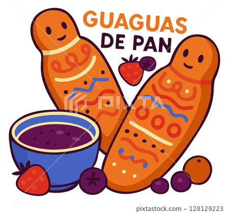 Guaguas de pan and colada morada. Traditional Ecuadorian dish. Vector isolated illustration with lettering Guaguas de pan and colada morada. Traditional Ecuadorian dish. Vector isolated illustration with lettering 128129223