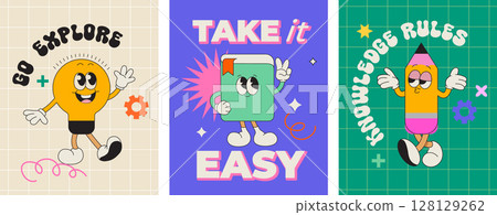 School characters of funny school items with different emotions and motivational phrases.Kawaii happy characters of school supplies-pencil, book, bulb. Template for design, web, poster, banner. Vector 128129262