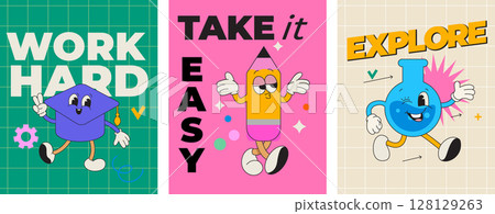 School characters of funny school items with different emotions and motivational phrases.Kawaii happy characters of school supplies-pencil,flask,oxford cap.Template for design,web,poster,banner Vector School characters of funny school items with different emotions and motivational phrases.Kawaii happy characters of school supplies-pencil,flask,oxford cap.Template for design,web,poster,banner Vector 128129263