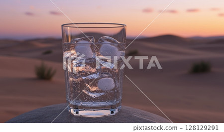 Glass of cold refreshing ice water on rock in desert landscape during beautiful sunset 128129291