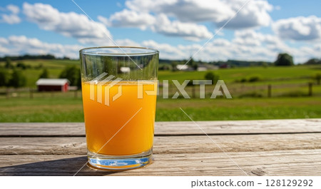 Refreshing glass of orange juice on a rustic wooden table with a scenic countryside backdrop 128129292