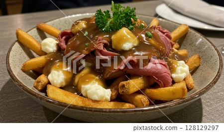 Gourmet poutine with french fries roast beef cheese curds and gravy in a bowl on a table 128129297