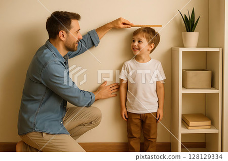 Father measures the height of his son at home 128129334