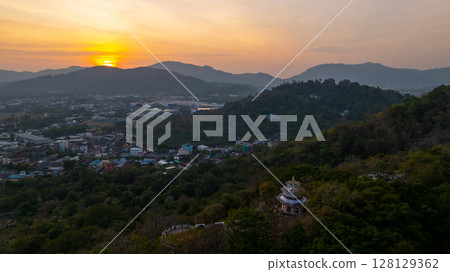 Aerial view of Khao Rang viewpoint on hilltop of Phuket city Aerial view of Khao Rang viewpoint on hilltop of Phuket city 128129362