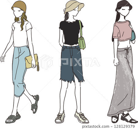 夏季休閒牛仔裝女裝時尚插畫套裝 夏季休閒牛仔裝女裝時尚插畫套裝 128129379