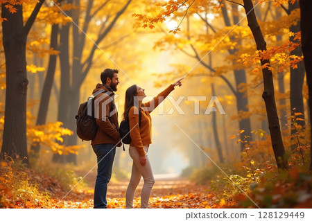 Couple hiking in autumn forest. Couple hiking in autumn forest. 128129449
