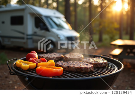 Grilled burgers and vegetables in a forest campsite. 128129454
