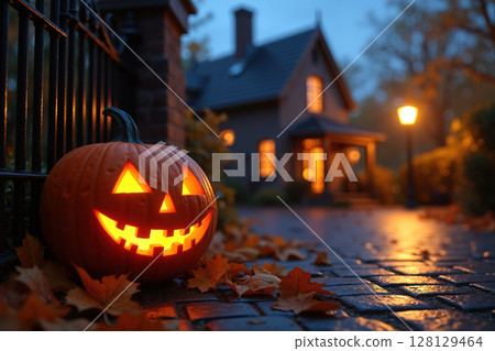 Glowing jack-o-lantern on a porch at dusk. 128129464