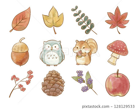 Set of hand-drawn watercolor illustrations of autumn animals and nature motifs Set of hand-drawn watercolor illustrations of autumn animals and nature motifs 128129533