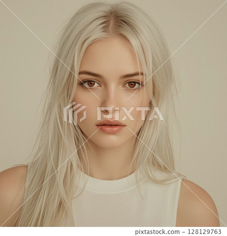 Portrait of Blonde Woman in Elegant White Dress with Soft Lighting 128129763