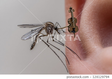 Mosquito Symphony. A mosquito on a person's ear with a tiny violin, 128129794