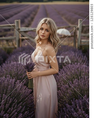 Young Woman Portrait in Blooming Lavender Field at Sunset 128129803