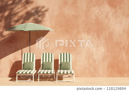 Striped Chairs and Umbrella 128129804