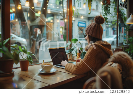 Focused Woman Looking at Laptop Screen in Cafe 128129843