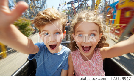 Joyful Ride. Two excited kids enjoying a roller coaster ride 128129947