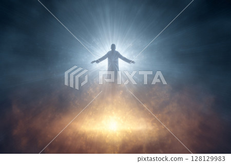 Mystical Ascension. A figure stands with open arms in radiant light. 128129983