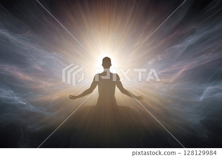 Meditative Enlightenment. Silhouette meditating with radiant light and ethereal atmosphere. 128129984