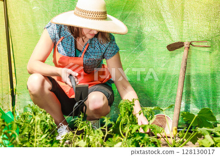 woman with gardening tool working in greenhouse 128130017
