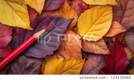 A red pencil lies diagonally on a vibrant bed of autumn leaves in shades of yellow, orange, and burgundy 128130060