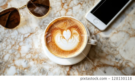 A stylish cappuccino with heart-shaped latte art sits on a marble table beside sunglasses and a smartphone 128130118