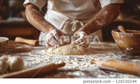 A baker in a white apron kneads dough on a floured wooden counter surrounded by rolling pins and mixing bowls 128130144