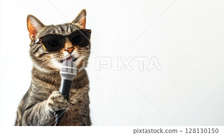 A cool tabby cat wearing sunglasses holds a microphone, white background 128130150