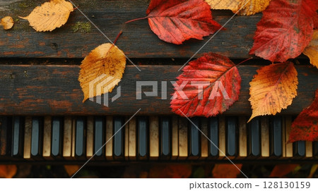 Autumn leaves rest gently on the weathered keys of an old piano 128130159