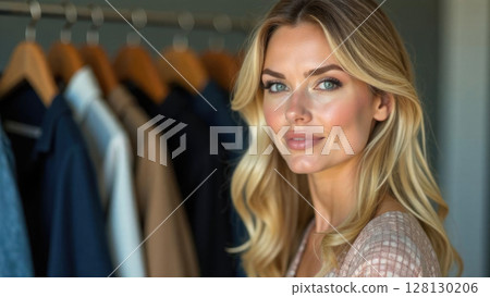 Professional European female stylist beautiful blonde with long hair posing in studio with clothing rack background. fashion expertise Professional European female stylist beautiful blonde with long hair posing in studio with clothing rack background. fashion expertise 128130206