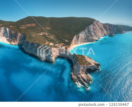 Aerial view of Porto Katsiki beach showing turquoise water and white cliffs 128130467