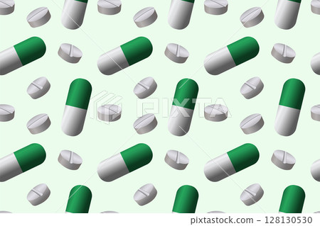 Medication seamless pattern. Green and white pills and capsules background. Medical background in green and white colors. Medication seamless pattern. Green and white pills and capsules background. Medical background in green and white colors. 128130530