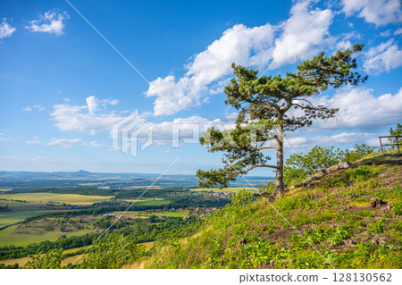 Visitors enjoy stunning panoramic views from Roudnice Lookout Point on Rip Mountain in Czechia. The landscape features lush greenery and distant hills under a bright blue sky. 128130562