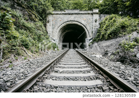 A railway tunnel entrance reveals a dark void surrounded by lush greenery. Metal tracks lead straight into the darkness, inviting exploration amidst natural surroundings. 128130589