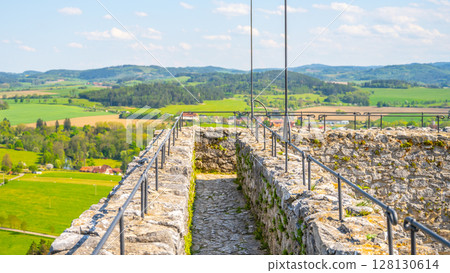 Visitors enjoy a panoramic view from the Donjon Tower of Rabi Castle in Czechia. The lush green landscape stretches across the horizon, showcasing rolling hills and quaint villages below. Visitors enjoy a panoramic view from the Donjon Tower of Rabi Castle in Czechia. The lush green landscape stretches across the horizon, showcasing rolling hills and quaint villages below. 128130614