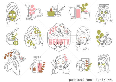 Line Art Facial Care and Spa Elements. Vector Icons for Logo and Branding. Perfect for beauty logotype, skincare brands, packaging design, and social media 128130660