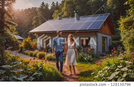 Couple is walking through a garden in front of a house. The woman is wearing a white dress and the man is wearing a blue shirt. The garden is filled with flowers and plants, creating a peaceful and 128130796