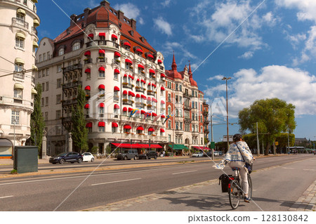 Bicycle Ride by Strandvagen Buildings, Stockholm, Sweden 128130842