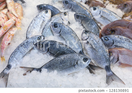 Fresh catches seabream or Sargo fishes on ice at Greek fish market, highlighting local specialties and attracting customers eager for high quality ingredients. 128130891