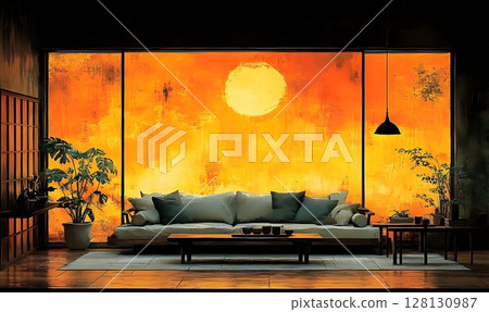 Modern living room with abstract sunset window view Modern living room with abstract sunset window view 128130987