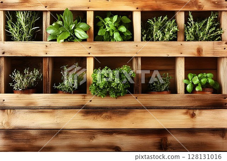 Rustic wooden herb garden shelf with fresh green herbs 128131016