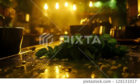 Fresh green herbs on dark bar counter warm lighting 128131017