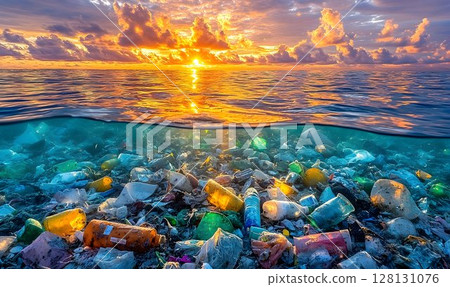 Ocean pollution plastic waste at sunset underwater view 128131076