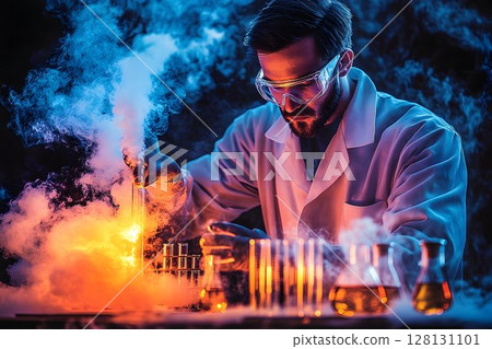 Scientist conducting a chemistry experiment in a laboratory Scientist conducting a chemistry experiment in a laboratory 128131101