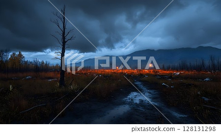Dark swamp landscape night scene lone tree stream distant lights 128131298
