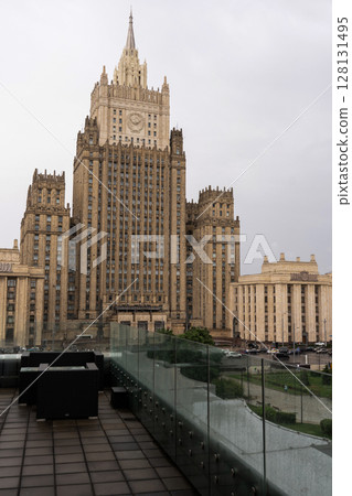 Stalinist skyscraper of Russias Ministry of Foreign Affairs viewed from rooftop terrace, Moscow 128131495