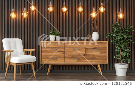 Mid century modern wooden dresser home decor warm lighting stylish interior design 128131546