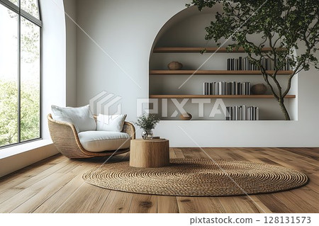 Modern minimalist living room interior with armchair and natural decor 128131573
