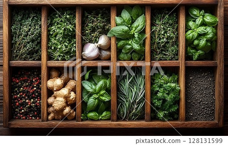 Assortment of fresh and dried herbs and spices in rustic wooden box 128131599
